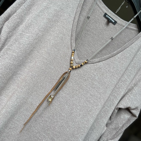 WHBM Silvertone Y-Necklace with Wooden/stone & Faux Leather Features - Picture 2 of 5